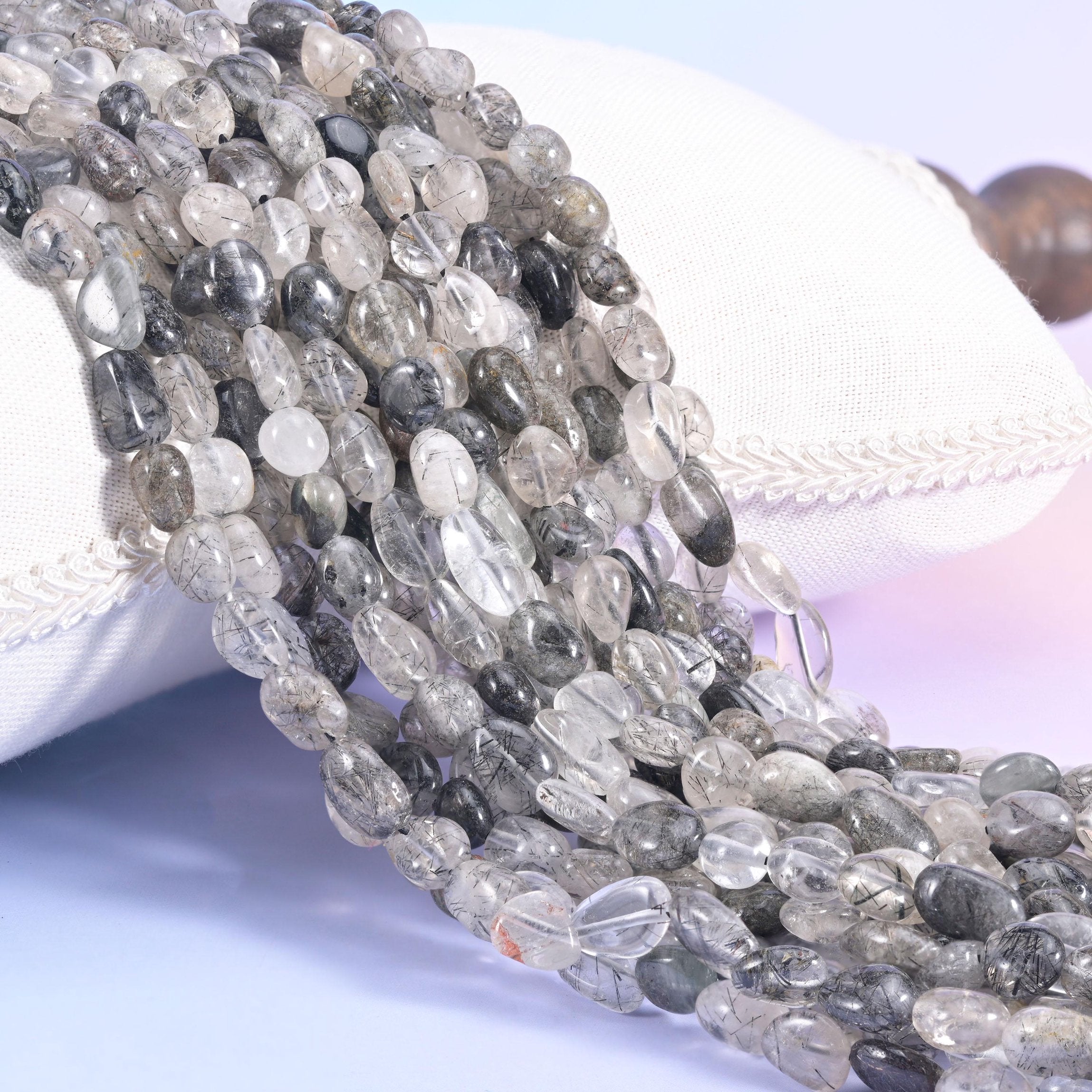 Black Rutilated Quartz Pebble Beads 6-8mm 8-12mm Jewelry Making 15.5" Strand