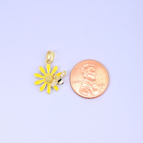 Yellow Sunflower Bee Enamel Charms: 18K Gold Plated Pendants, Jewelry Making Supply