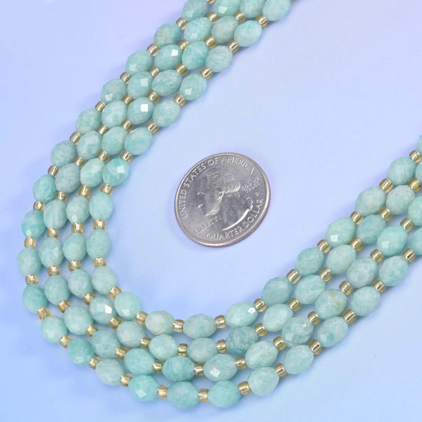 Green Amazonite Faceted Rice Barrel Beads in soft aqua-mint