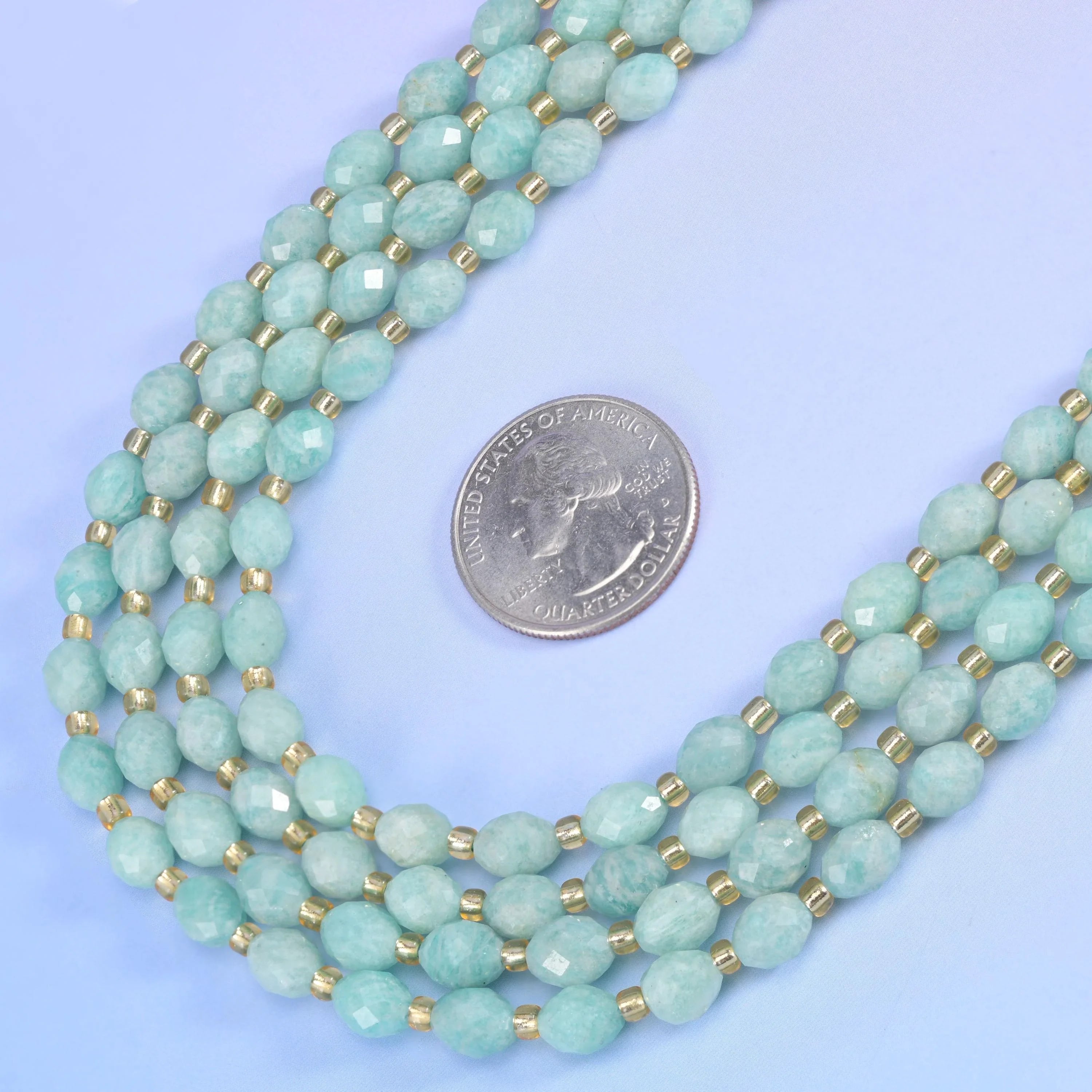 Green Amazonite Faceted Rice Barrel Beads in soft aqua-mint