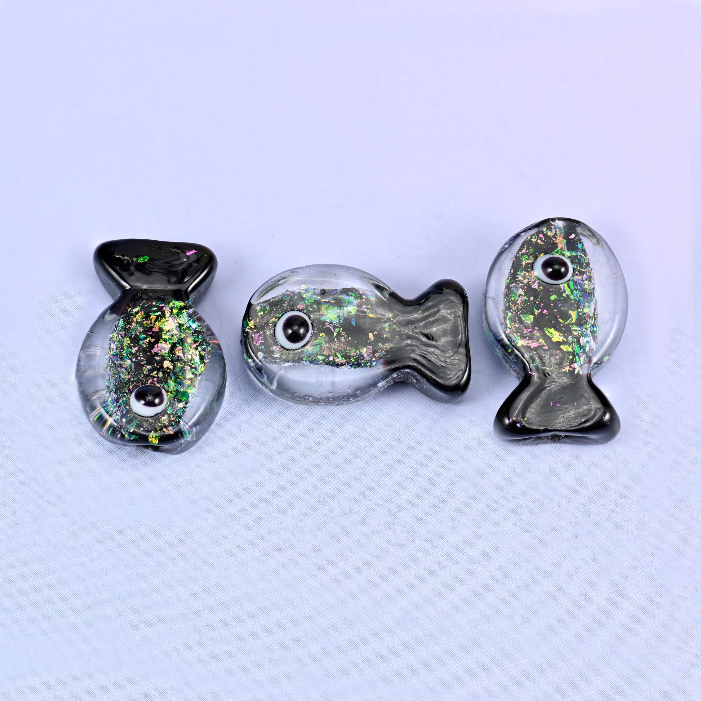 Iridescent Black Green Fish Glass Beads: Jewelry Making Supply