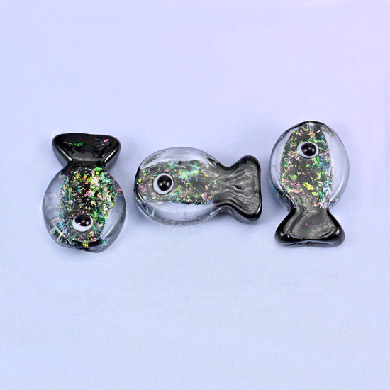Iridescent Black Green Fish Glass Beads: Jewelry Making Supply