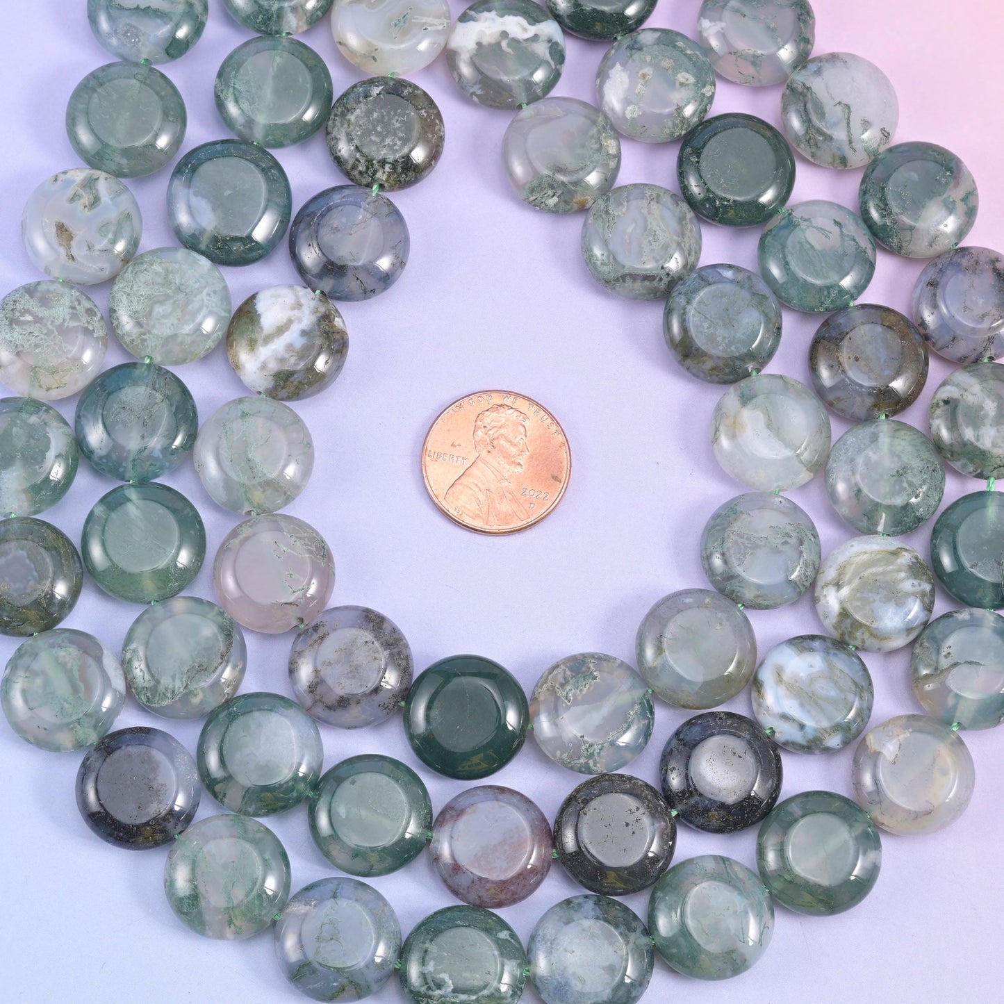Moss Agate coin beads, approximately 26 beads per strand