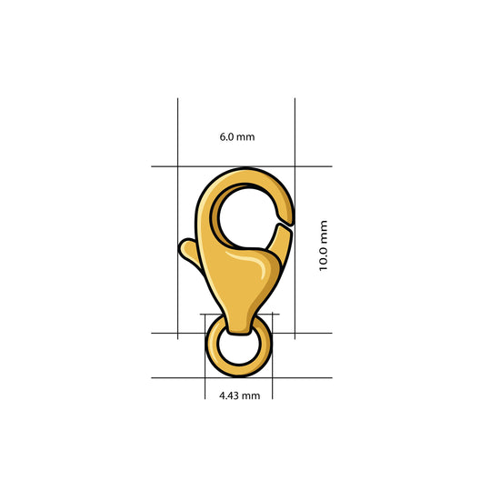 14K gold filled lobster clasp size diagram, 6.0mm wide by 10.0mm long, with a 4.43mm jump ring