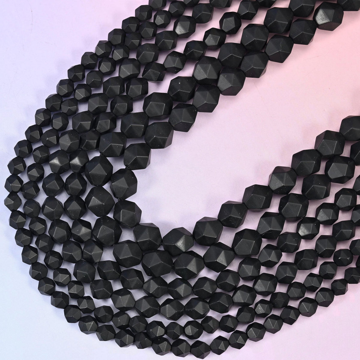 Matte Black Onyx Faceted Diamond Star Cut Beads, 15.5 inch strand