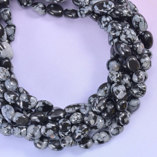 Snowflake Jasper Pebble Nugget Beads, inky black tumbled nuggets scattered with soft grey and chalk-white snowflake mottling