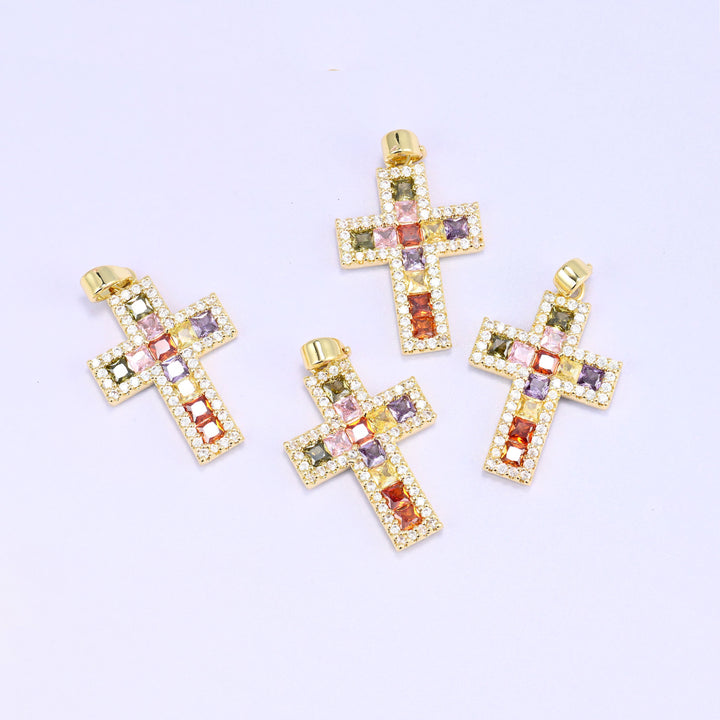 Zirconia cross charms, five gold plated pendants scattered, each set with multicolour stones