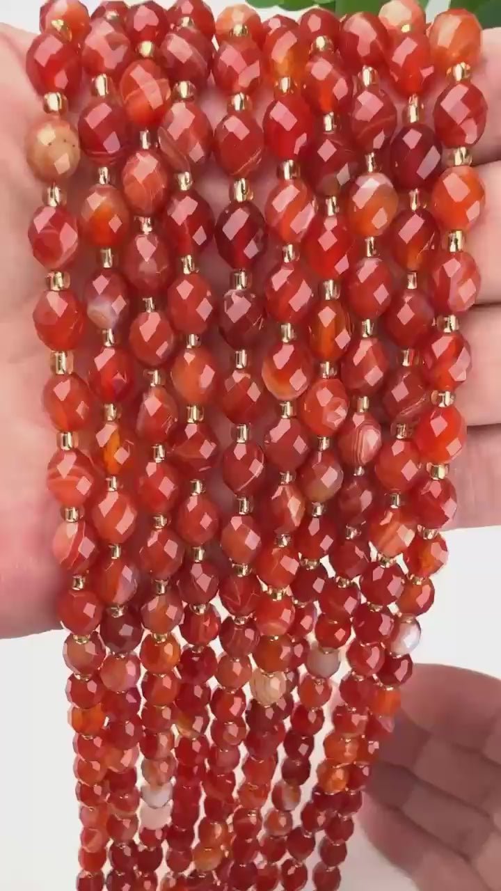Dyed Red Stripe Agate Faceted Rice Barrel Beads, approximately 39 beads per strand
