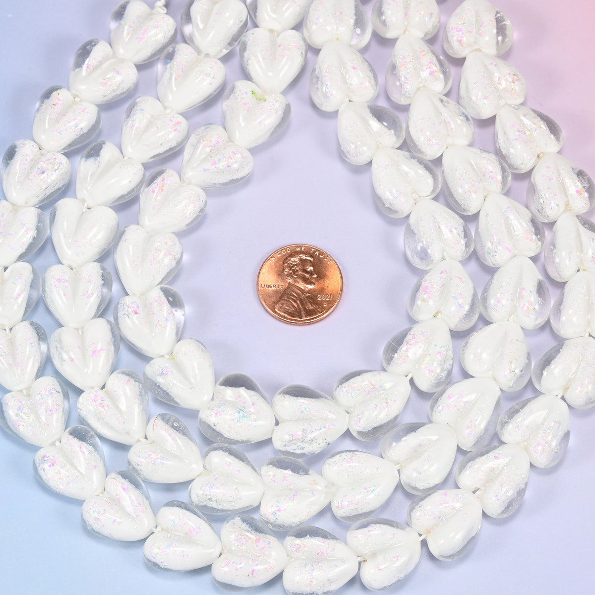Iridescent White Heart Glass Beads, 24 beads per strand