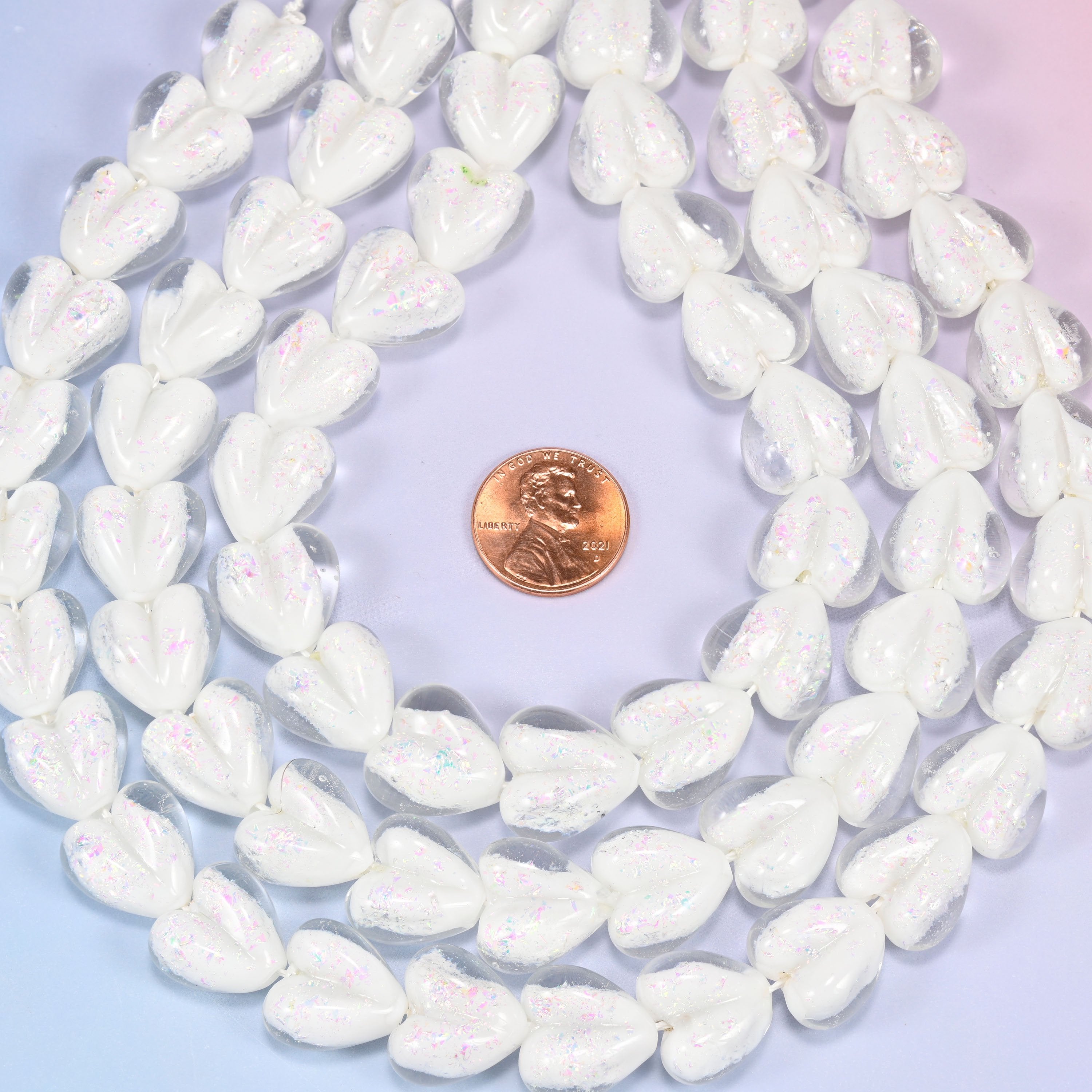 Iridescent White Heart Glass Beads, 24 beads per strand