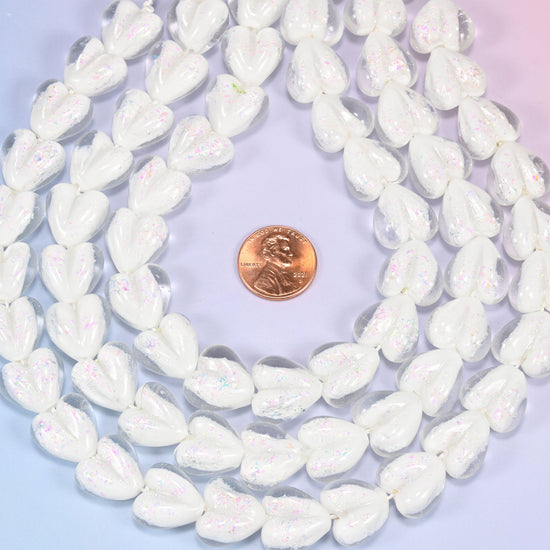 Iridescent White Heart Glass Beads, 24 beads per strand