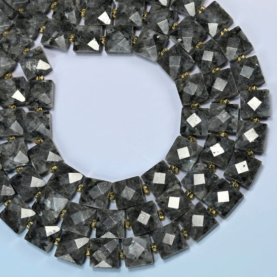 Natural black labradorite faceted flat square beads curved into an open loop, dark gray and black beads with light specks