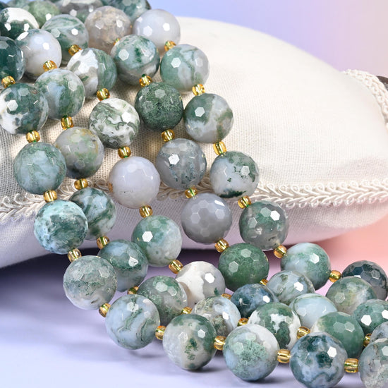 Moss Agate Faceted Round Beads, translucent milky white and pale grey rounds with forest green moss