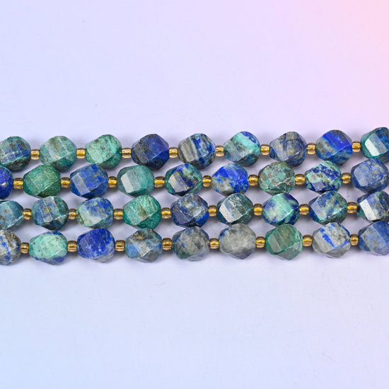 Phoenix Lapis lapis lazuli beads shifting from almost solid royal blue to mostly teal-green with blue veining