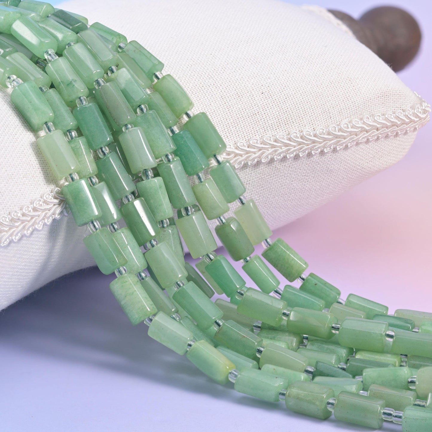 Green Aventurine faceted tube cylinder beads, sleek modern shape with natural colour variation