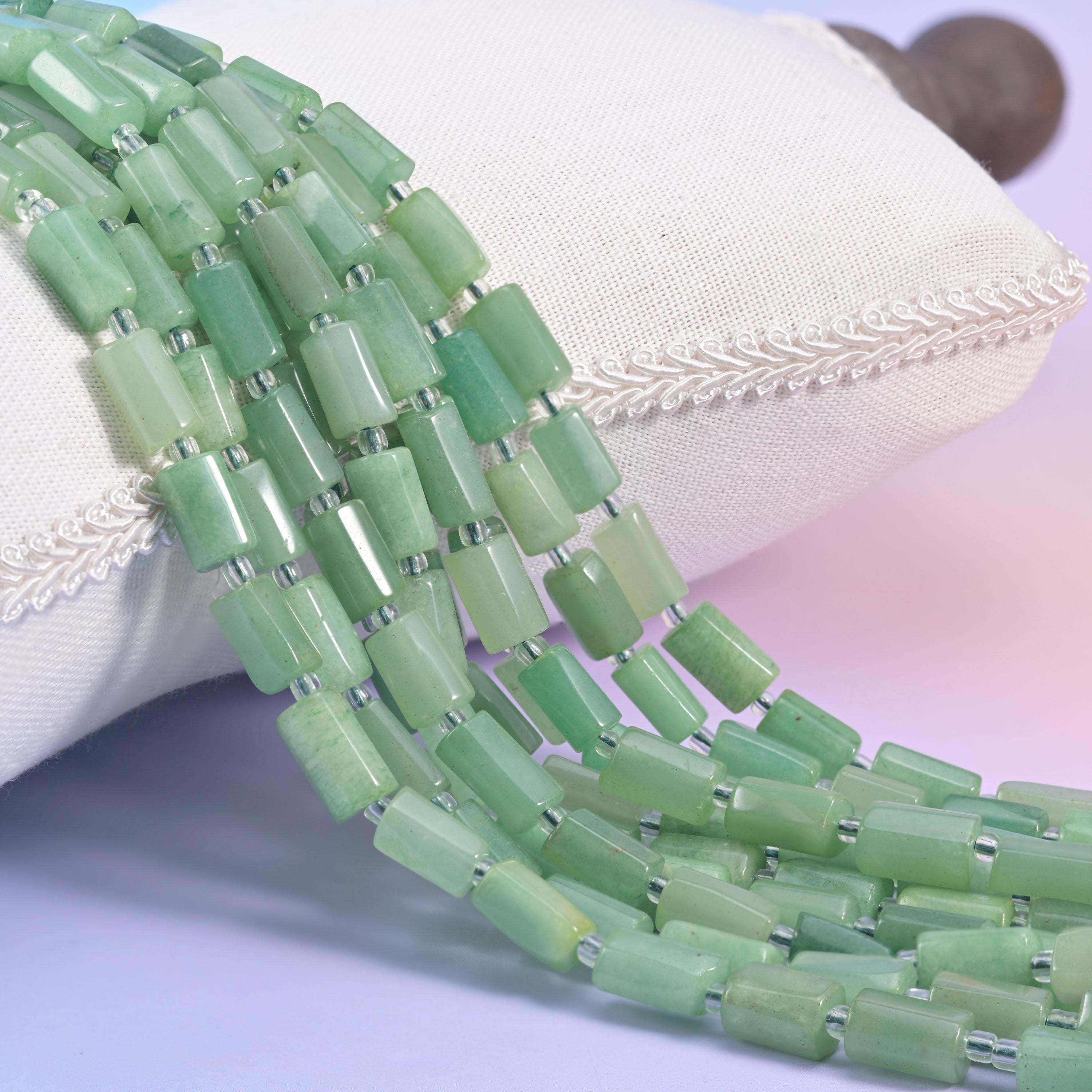 Green Aventurine faceted tube cylinder beads, sleek modern shape with natural colour variation