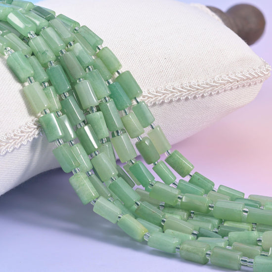 Green Aventurine faceted tube cylinder beads, sleek modern shape with natural colour variation
