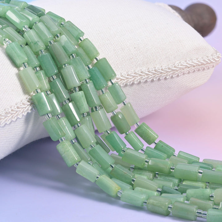 Green Aventurine faceted tube cylinder beads, sleek modern shape with natural colour variation