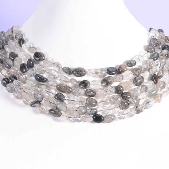 Black Rutilated Quartz Pebble Nugget Beads 6-8mm 8-12mm in clear to milky white with black and charcoal rutile needles
