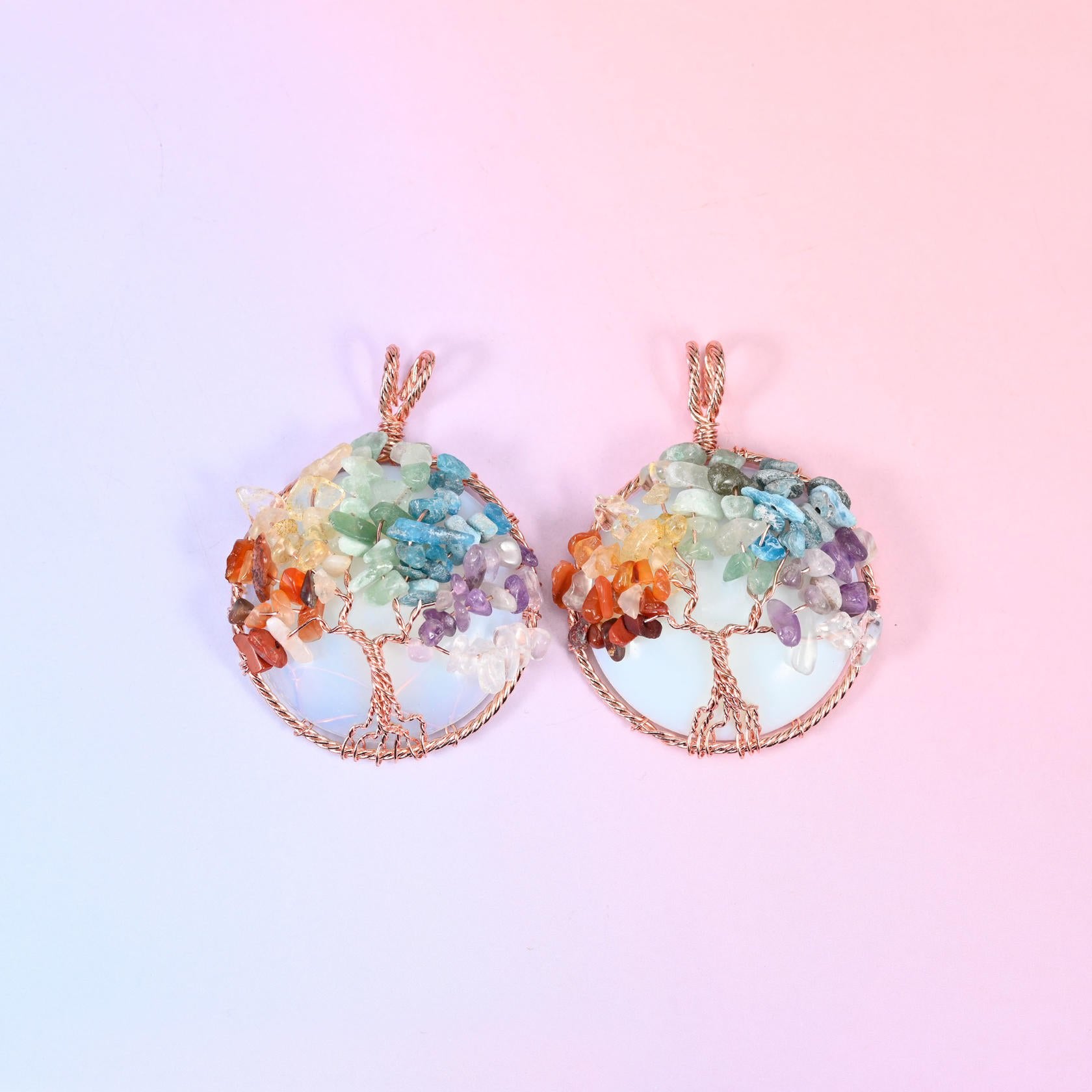 Round Gemstone Pendant with Copper Wired Tree of Life, approximately 14.39mm thick