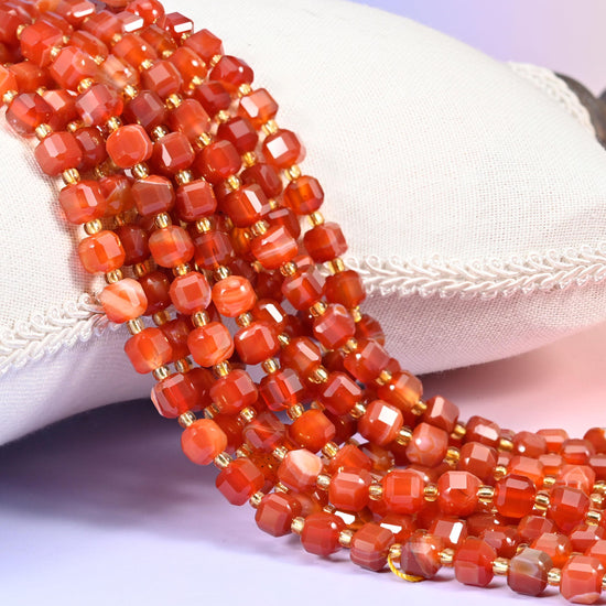 Dyed Red Stripe Agate Faceted Cube Beads, colour-enhanced stone with white stripe banding