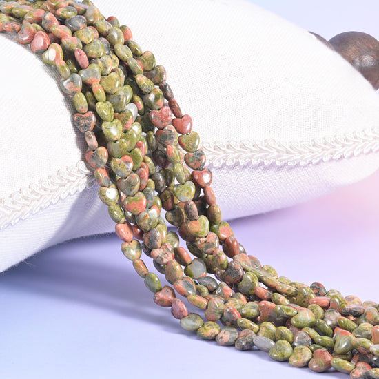 Green Unakite Heart Beads 6mm, small puffed hearts in mossy olive green blotched with salmon-pink feldspar