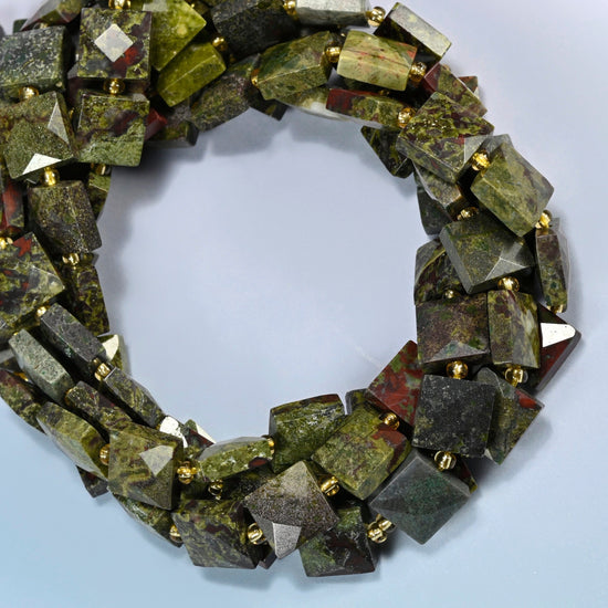Natural dragon blood stone faceted flat square beads coiled into overlapping loops, whole strands of earthy green and red stone