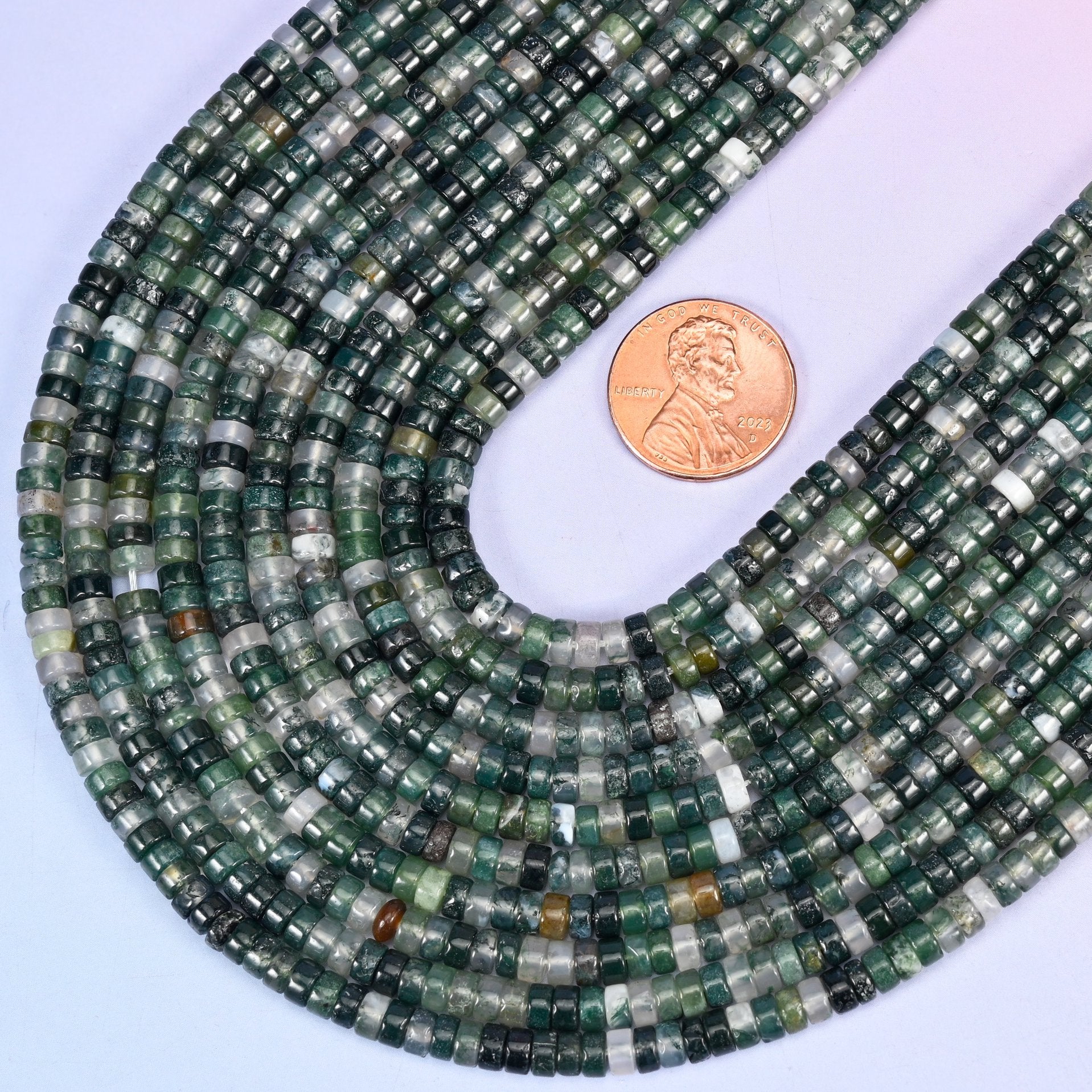Smooth heishi disc cut Moss Agate beads
