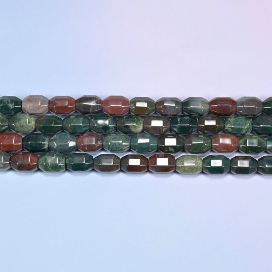 Natural Indian Agate Faceted Barrel Beads in deep forest green and olive with rust red and smoky grey.