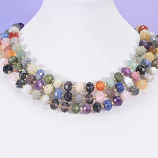 Mixed natural gemstones including sodalite, red jasper and rose quartz beads, faceted rondelle, 6 x 10mm