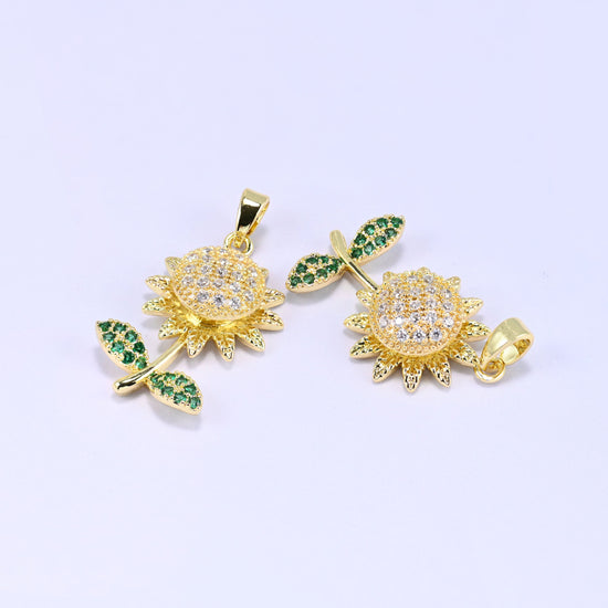 Brass sunflower charm with spinning zirconia center detail