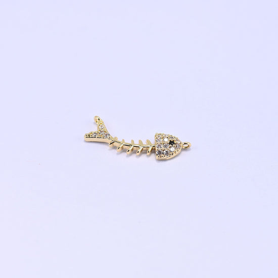 18K Gold Plated Brass Fishbone Charm Pendant with sparkling zirconia accent