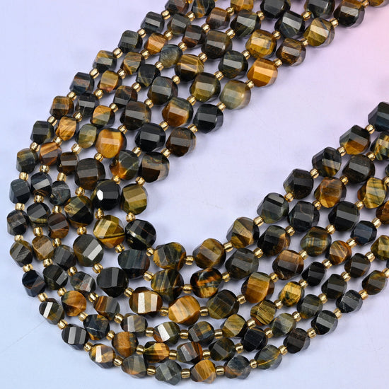 Iron Tiger Eye Faceted Spiral Twist Beads, 15 inch strand