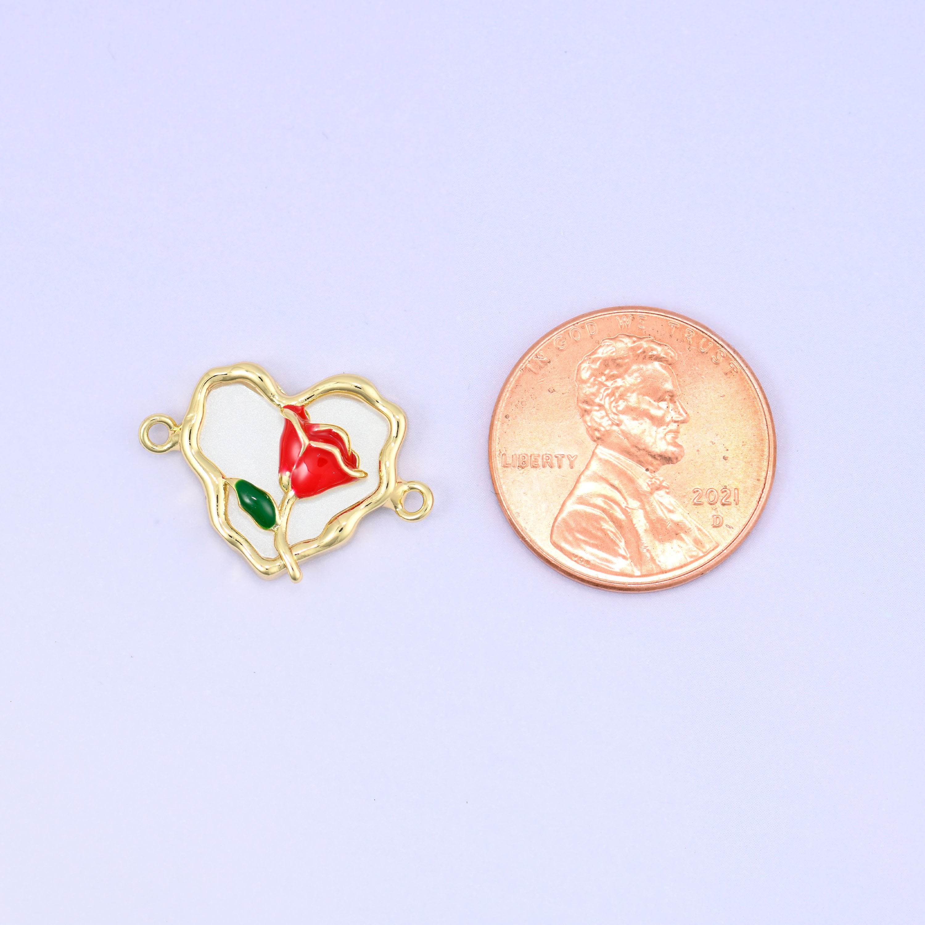Heart rose connector pendants with red enamel rose and green leaf detail