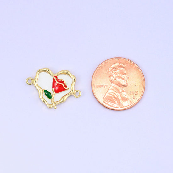 Heart rose connector pendants with red enamel rose and green leaf detail