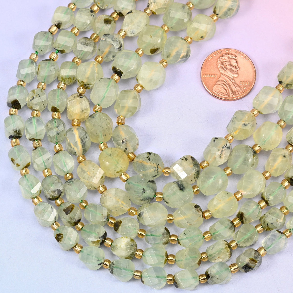 Faceted spiral twist cut natural prehnite beads with epidote inclusions