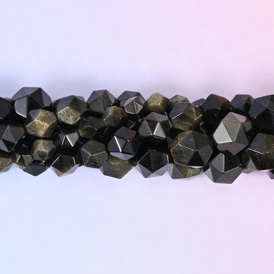 Natural Gold Obsidian volcanic glass beads with a faceted star cut