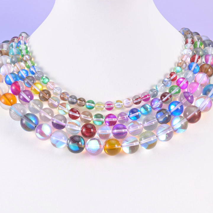 Rainbow glass beads, round shape, iridescent finish