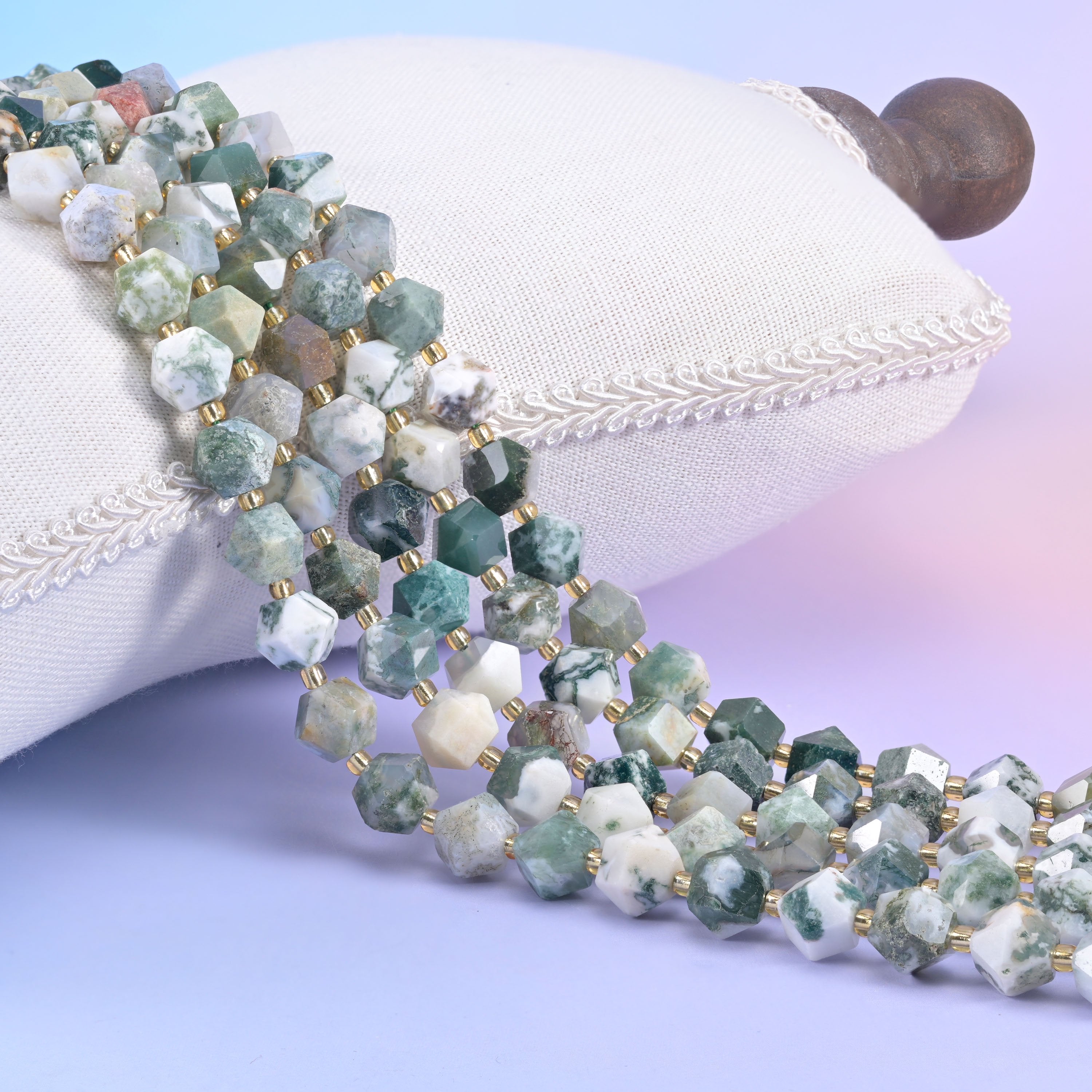 Diamond Rhombus Gemstone Beads, stone options include Moss Tree Agate and Purple Band Strip Agate.