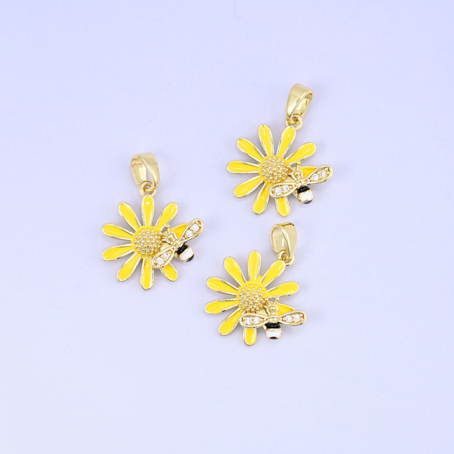 18K Gold Plated Brass Sunflower Bee Charm Pendant with yellow and black enamel and zircon accents