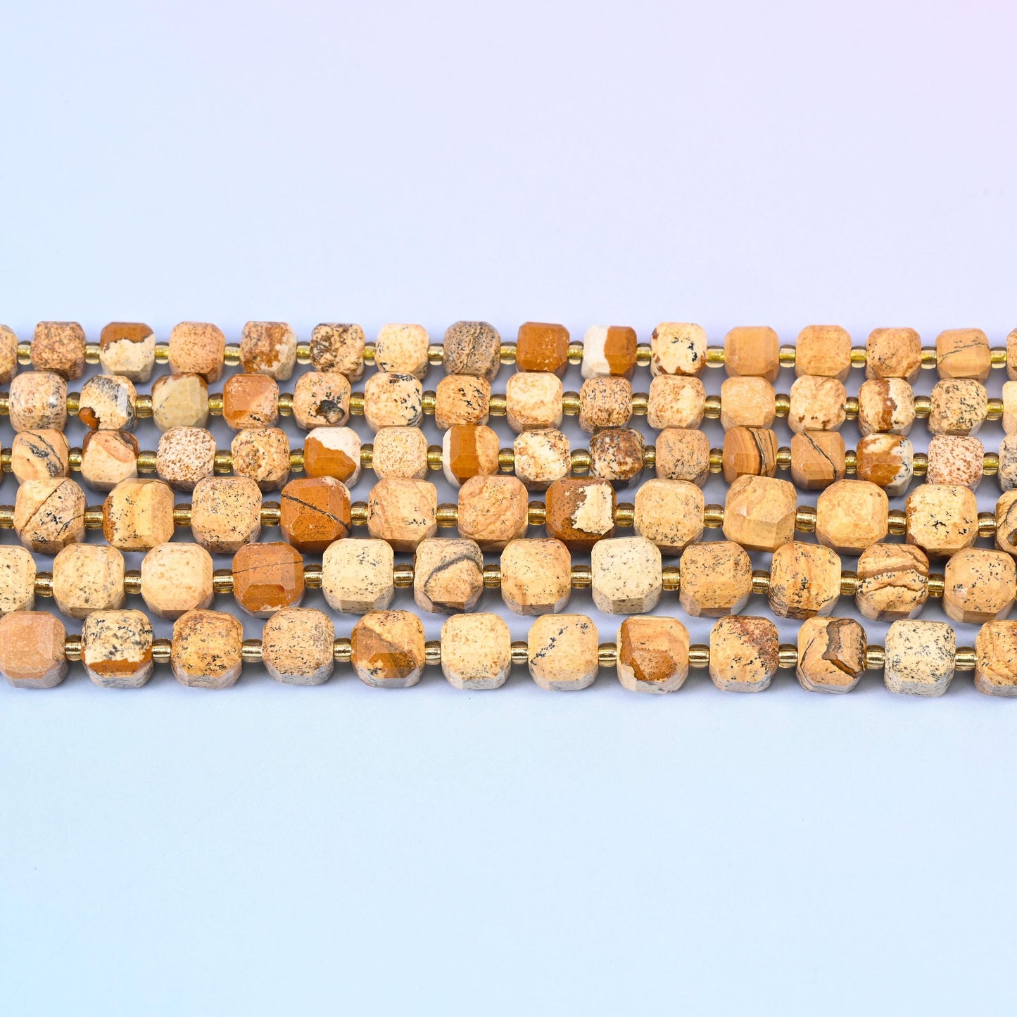 Picture Jasper Faceted Cube Beads in warm sand and camel brown with dark landscape lines