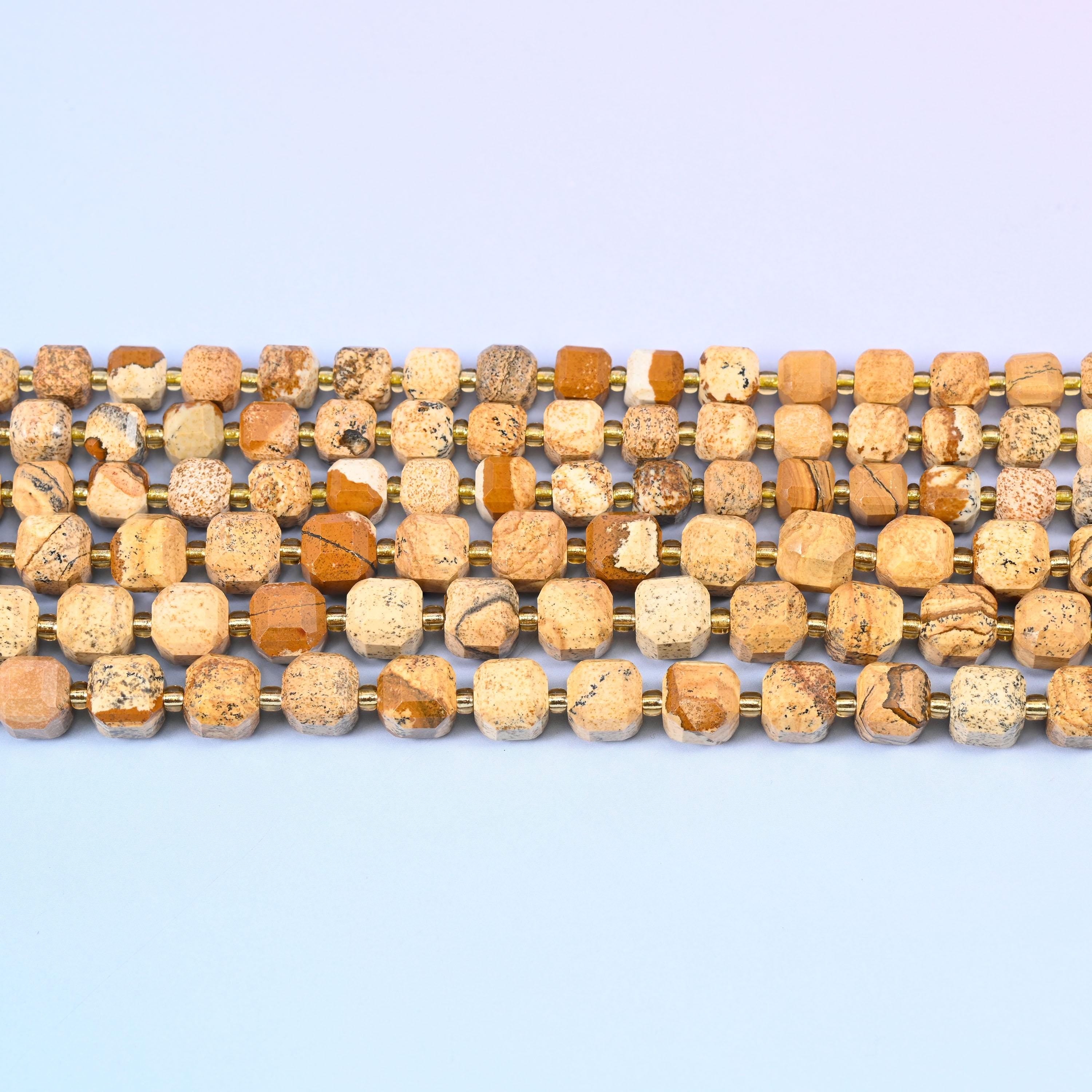 Picture Jasper Faceted Cube Beads in warm sand and camel brown with dark landscape lines