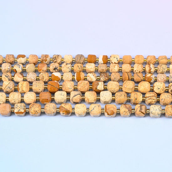 Picture Jasper Faceted Cube Beads in warm sand and camel brown with dark landscape lines