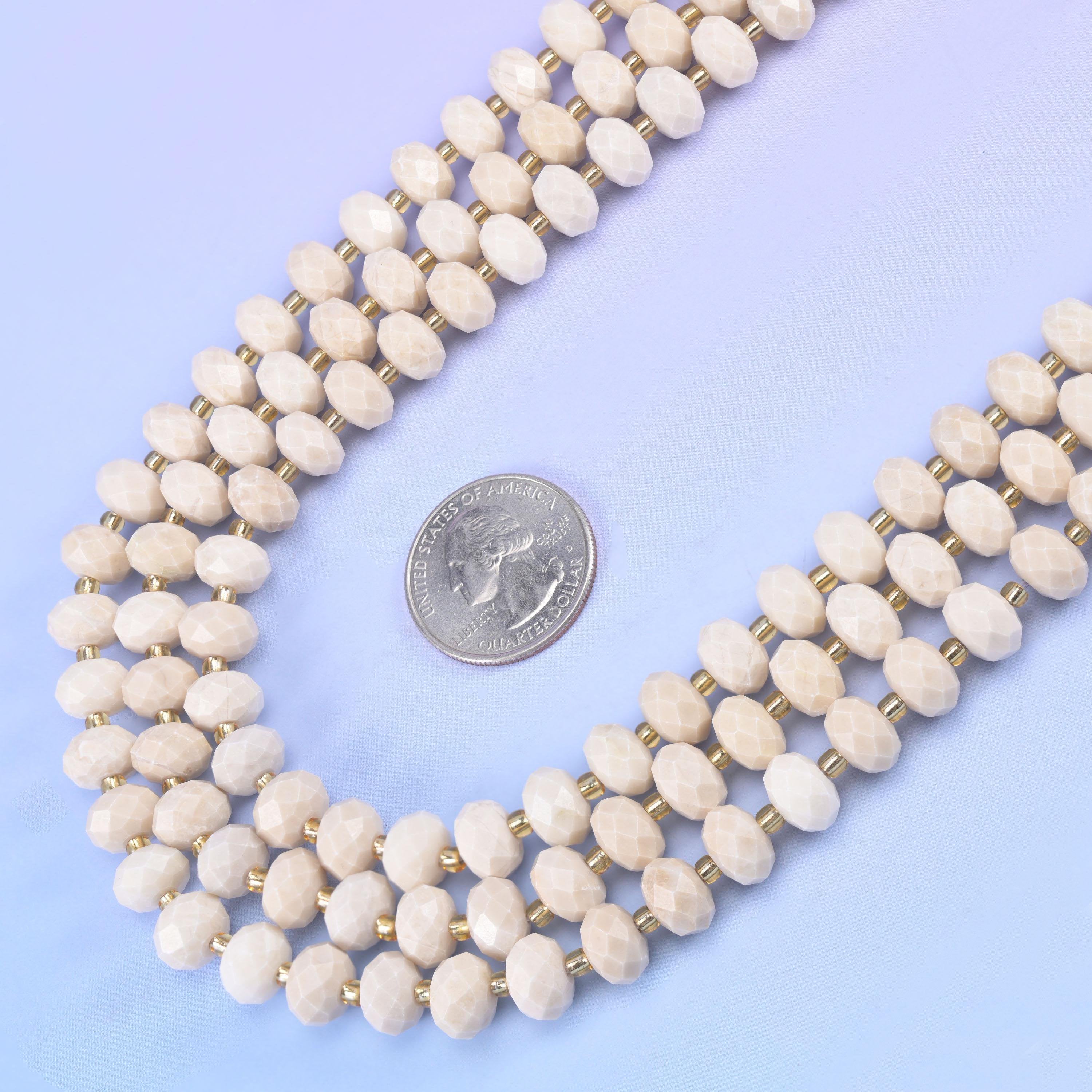 White Fossil Jasper Faceted Rondelle Beads in creamy ivory and pale bone