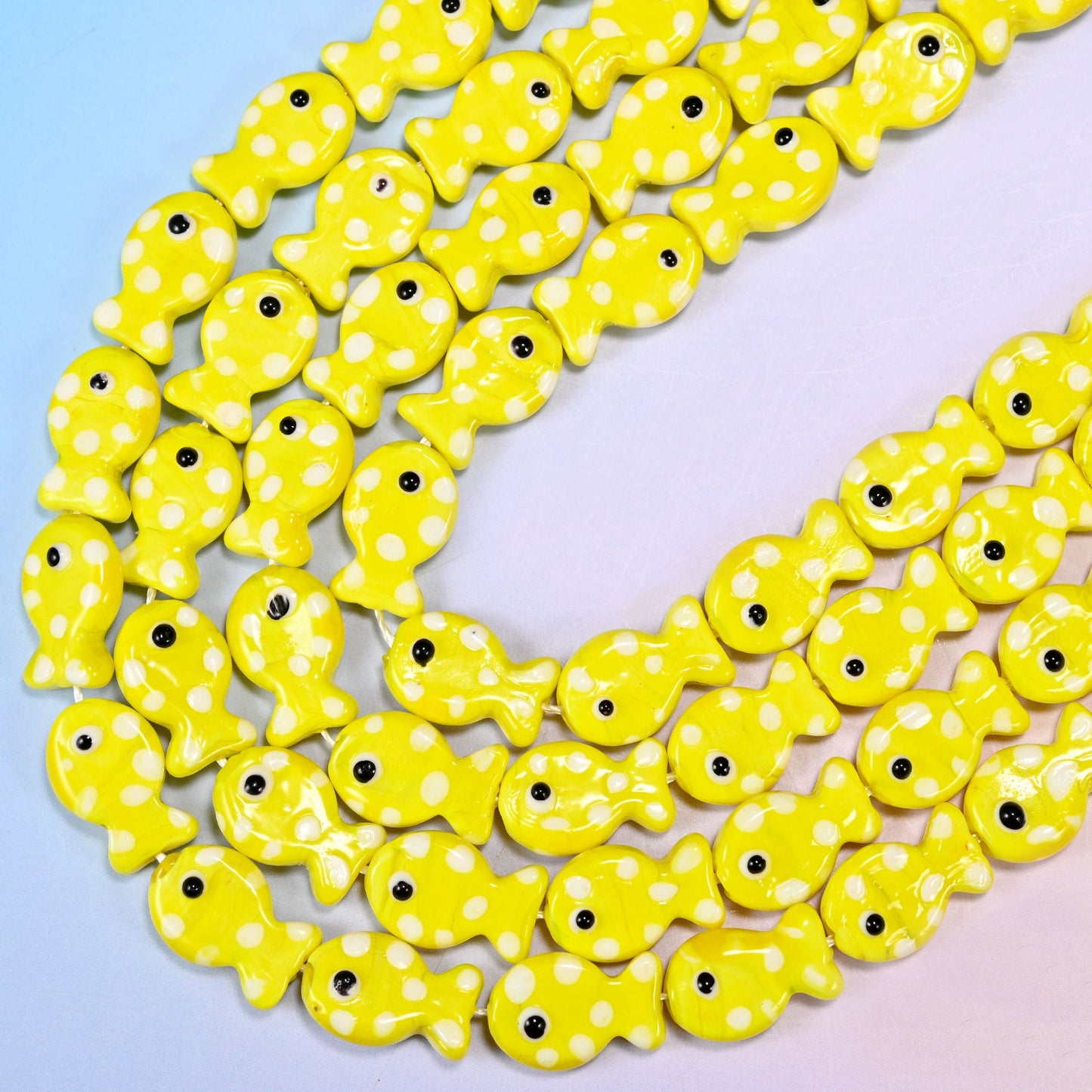 Yellow with White Dot Fish Glass Beads, 15.5 inch strand