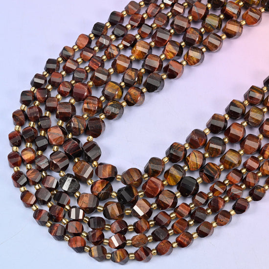 Red Tiger Eye Faceted Spiral Twist Beads, 15 inch strand