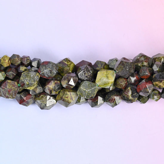 Dragon Bloodstone Faceted Diamond Star Cut Beads, mossy olive and khaki green shot through with brick-red and rust patches