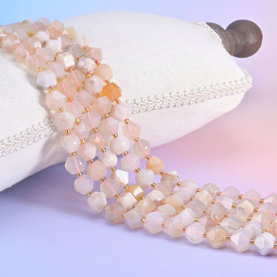 Diamond Cut Gemstone Beads, stone choices include prehnite and Qinghai jade.