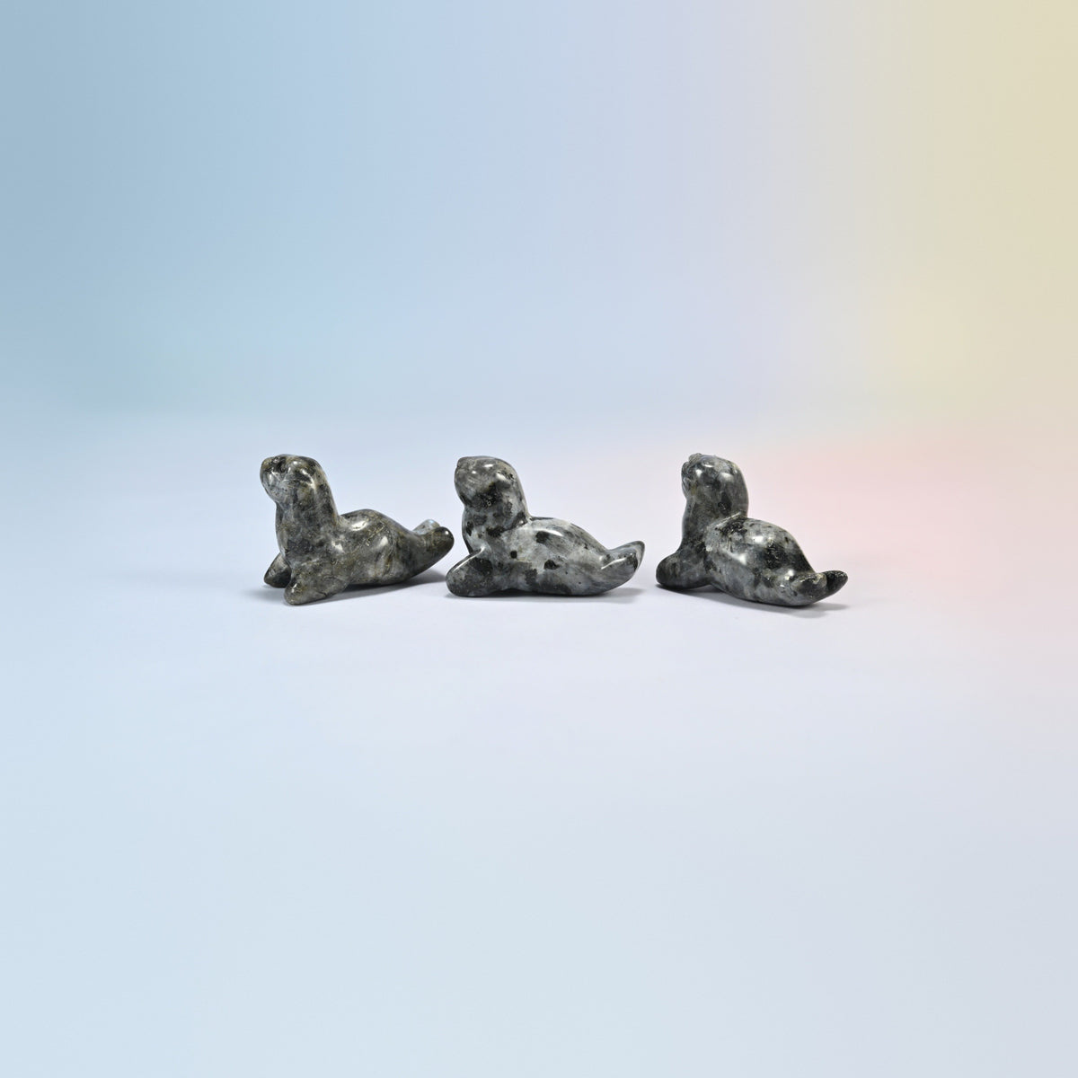 Three black labradorite sea lion crystal carvings, 1.5 inch, dark gray natural stone with black blotches