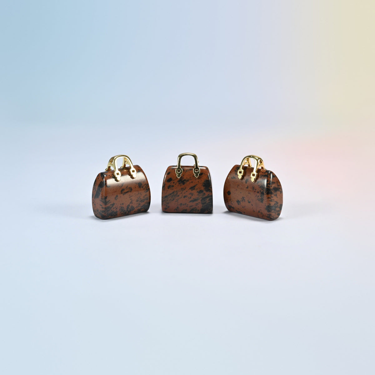 Three golden swan purse crystal carvings, 1 inch, black and red-brown natural stone, gold-tone handle